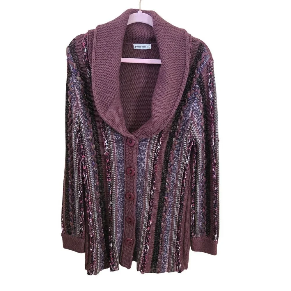 Vintage Parkhurst Plum Purple Textured Knit Button Up Cardigan Sweater Size L